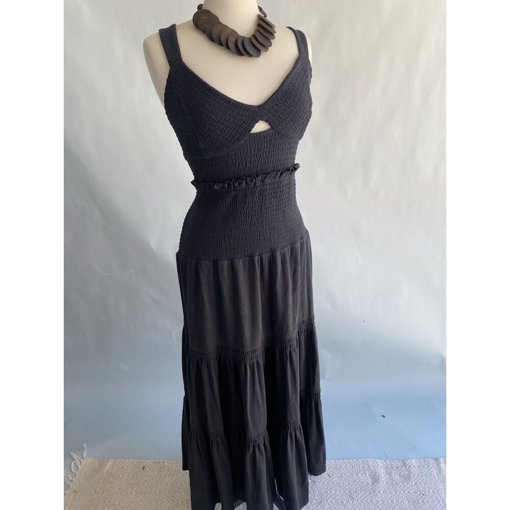 Anthropologie Navy Blue Cotton Jersey Smocked Tiered Keyhole Maxi Dress Large